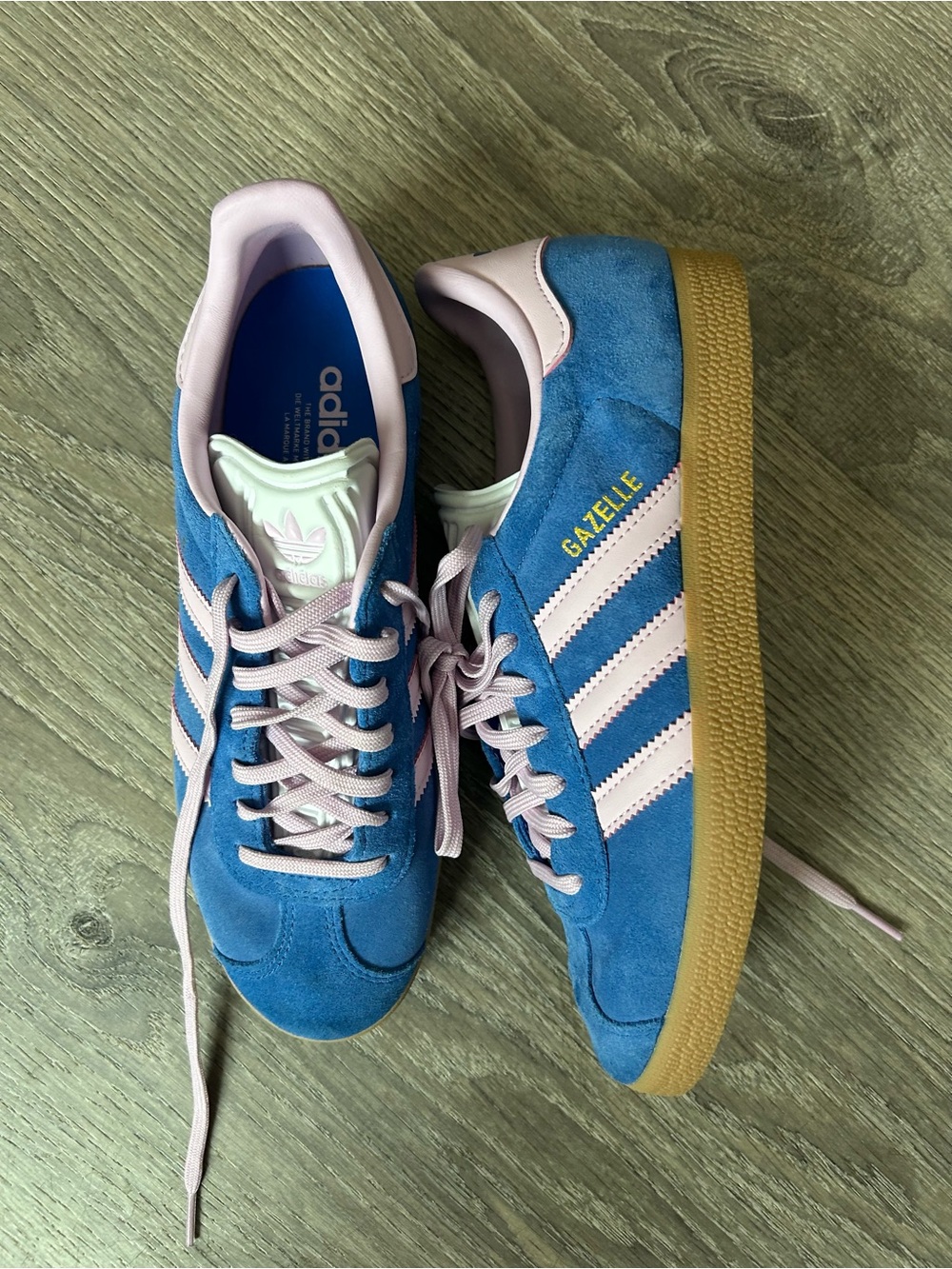 adidas Gazelle Women’s Blue Suede Sneakers with Pink Stripes and Gum Sole